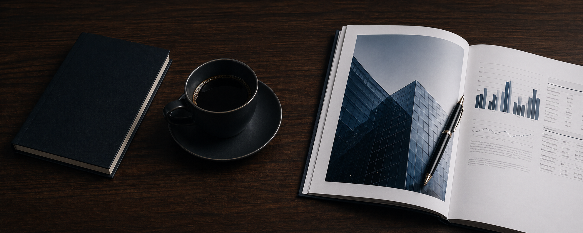 Editorial financial desk with coffee and notebook